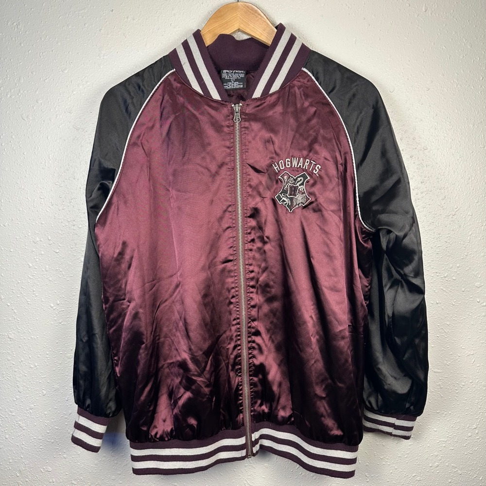 Harry Potter Hogwarts Women XL Satin Bomber Jacket Burgundy Embroider Halloween
